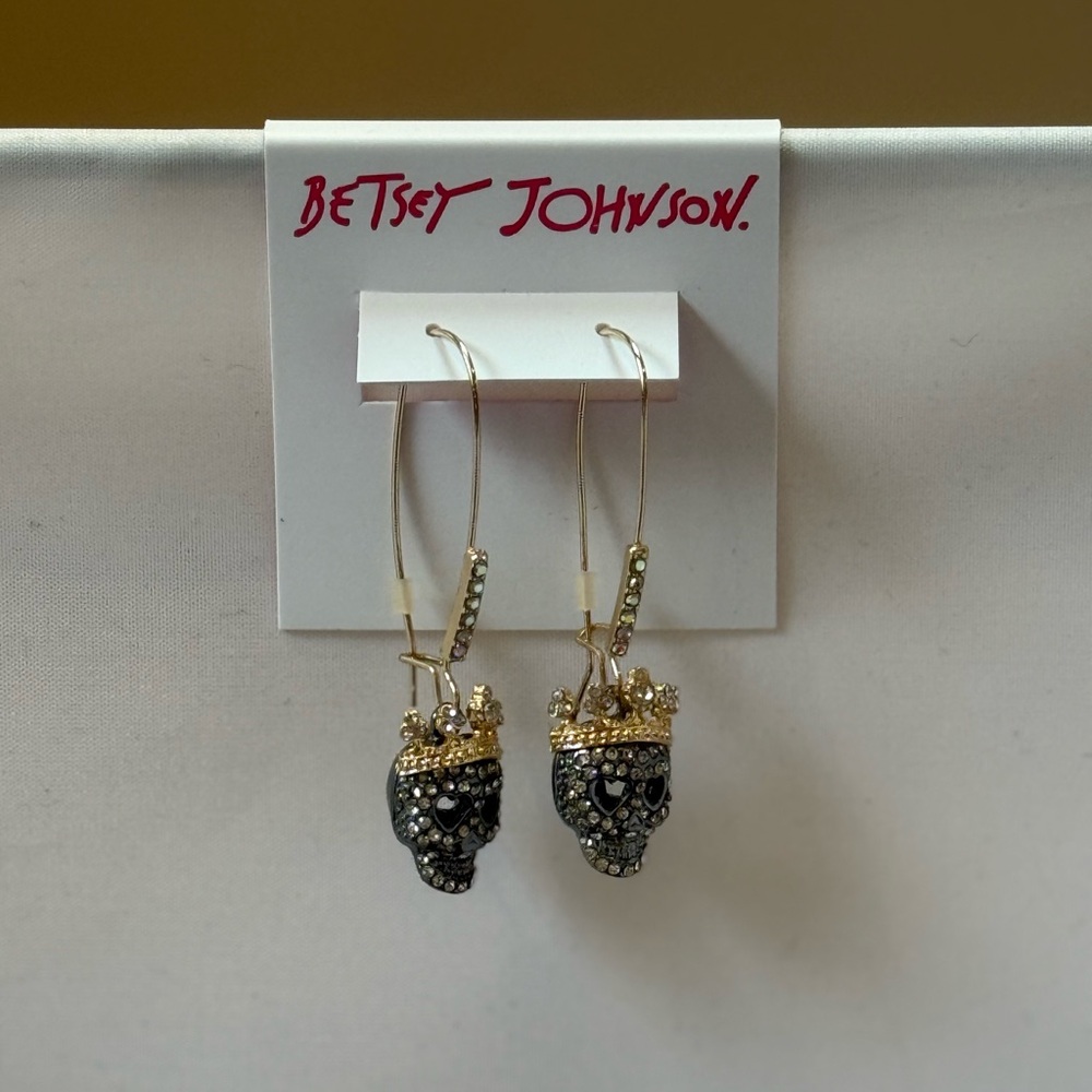 Betsey Johnson Gold and Black Pave Skull Earrings - Picture 2 of 8